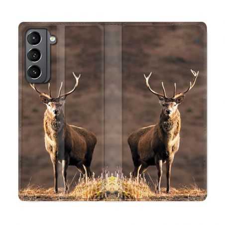 Housse Cuir Portefeuille Pour Samsung Galaxy S21 Chasse Chevreuil Blanc