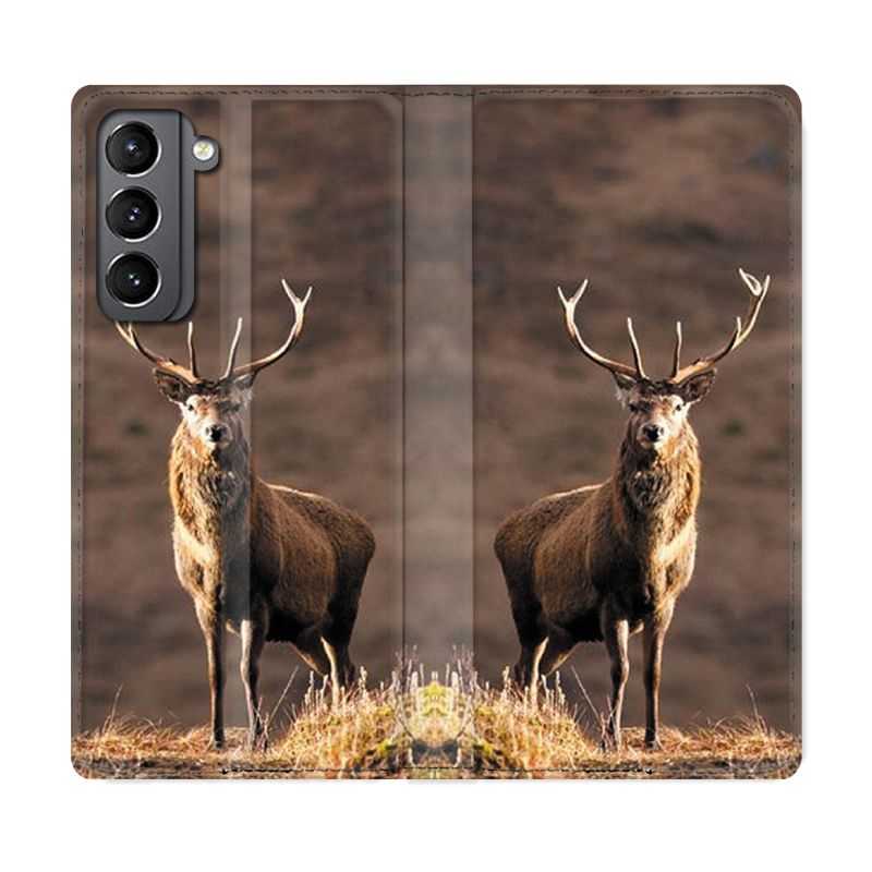 Housse Cuir Portefeuille Pour Samsung Galaxy S21 Chasse Chevreuil Blanc