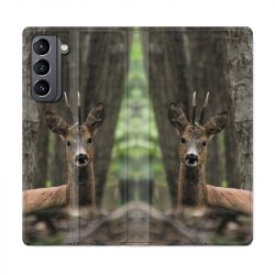Housse Cuir Portefeuille Pour Samsung Galaxy S21 Chasse Chevreuil Bois