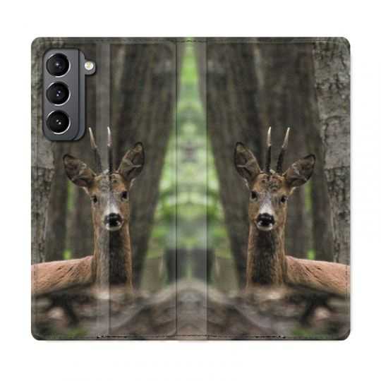Housse Cuir Portefeuille Pour Samsung Galaxy S21 Chasse Chevreuil Bois