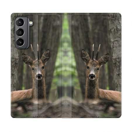 Housse Cuir Portefeuille Pour Samsung Galaxy S21 Chasse Chevreuil Bois