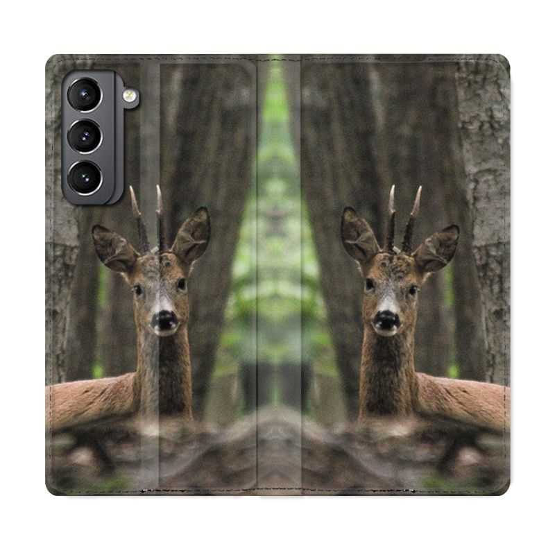 Housse Cuir Portefeuille Pour Samsung Galaxy S21 Chasse Chevreuil Bois