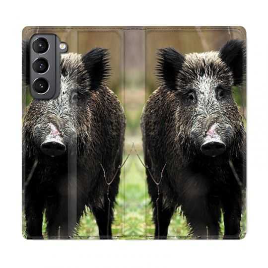 Housse Cuir Portefeuille Pour Samsung Galaxy S21 Chasse Sanglier bois