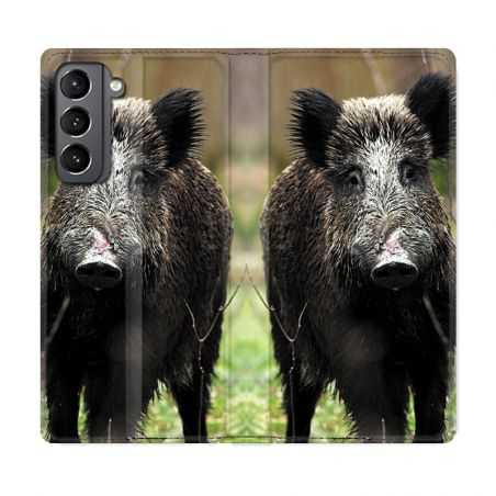 Housse Cuir Portefeuille Pour Samsung Galaxy S21 Chasse Sanglier bois