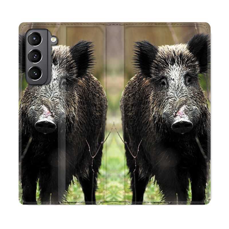 Housse Cuir Portefeuille Pour Samsung Galaxy S21 Chasse Sanglier bois