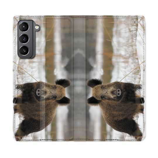 Housse Cuir Portefeuille Pour Samsung Galaxy S21 Chasse Sanglier Neige