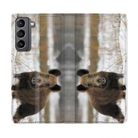 Housse Cuir Portefeuille Pour Samsung Galaxy S21 Chasse Sanglier Neige