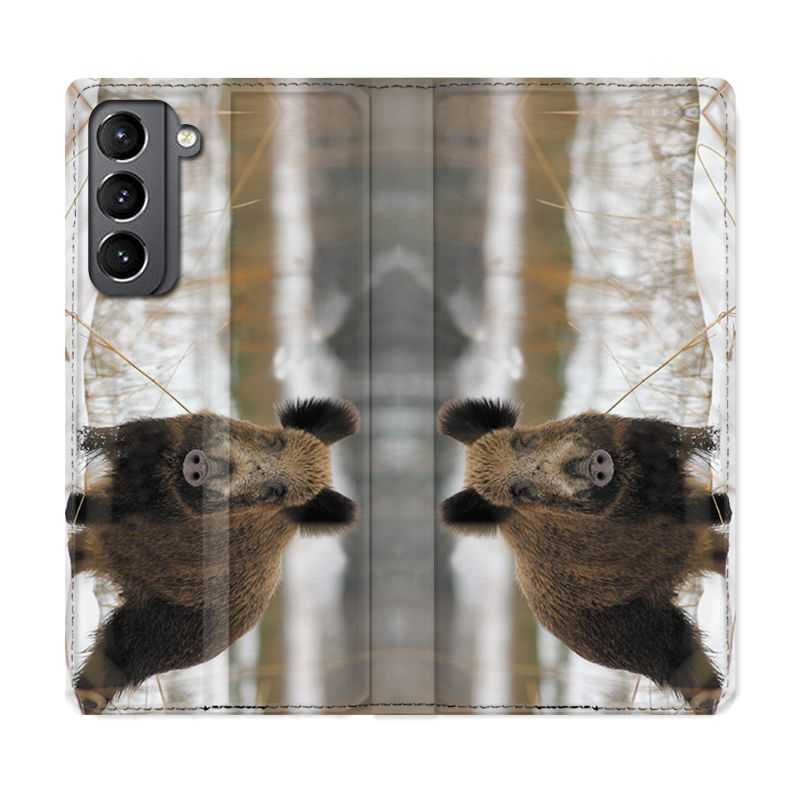 Housse Cuir Portefeuille Pour Samsung Galaxy S21 Chasse Sanglier Neige