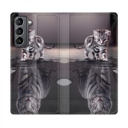 Housse Cuir Portefeuille Pour Samsung Galaxy S21 Chat Reflet