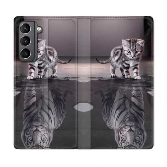 Housse Cuir Portefeuille Pour Samsung Galaxy S21 Chat Reflet