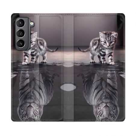 Housse Cuir Portefeuille Pour Samsung Galaxy S21 Chat Reflet