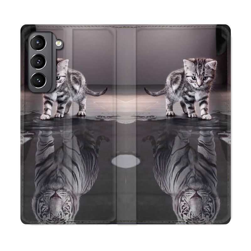 Housse Cuir Portefeuille Pour Samsung Galaxy S21 Chat Reflet