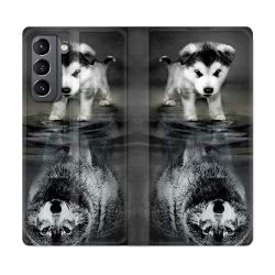Housse Cuir Portefeuille Pour Samsung Galaxy S21 Chien Reflet