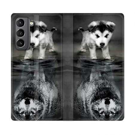 Housse Cuir Portefeuille Pour Samsung Galaxy S21 Chien Reflet