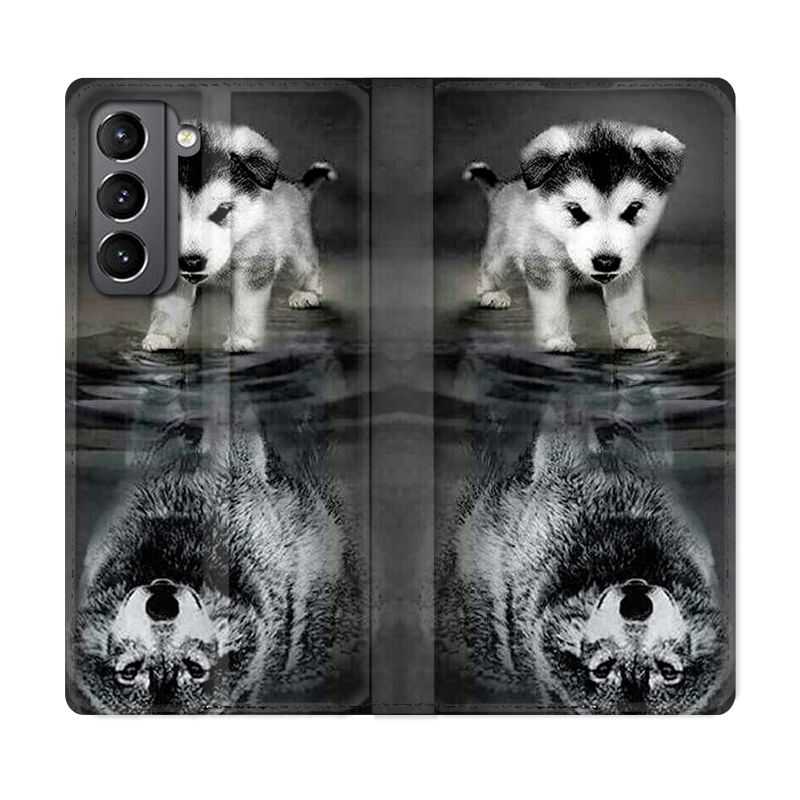 Housse Cuir Portefeuille Pour Samsung Galaxy S21 Chien Reflet