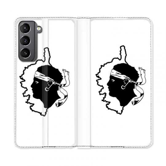Housse Cuir Portefeuille Pour Samsung Galaxy S21 Corse Blanc