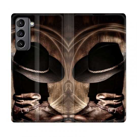 Housse Cuir Portefeuille Pour Samsung Galaxy S21 Cow Boy Chapeau