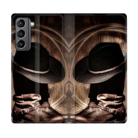 Housse Cuir Portefeuille Pour Samsung Galaxy S21 Cow Boy Chapeau