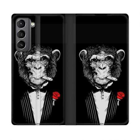Housse Cuir Portefeuille Pour Samsung Galaxy S21 Decale Singe Mafia