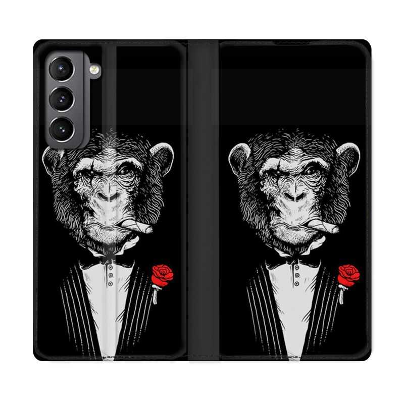 Housse Cuir Portefeuille Pour Samsung Galaxy S21 Decale Singe Mafia