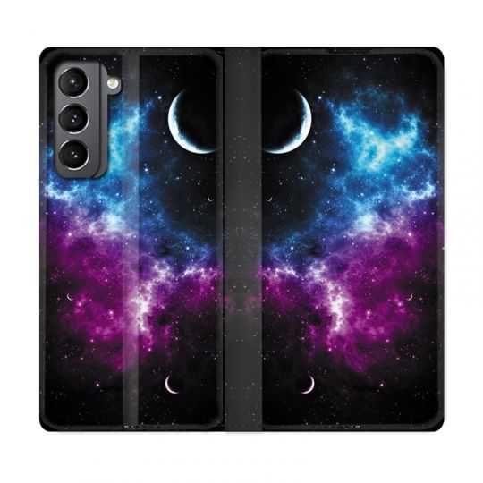Housse Cuir Portefeuille Pour Samsung Galaxy S21 Univers Bleu Violet