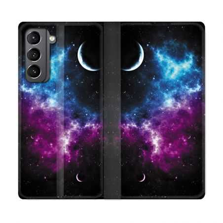 Housse Cuir Portefeuille Pour Samsung Galaxy S21 Univers Bleu Violet