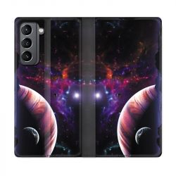 Housse Cuir Portefeuille Pour Samsung Galaxy S21 Planete Rouge