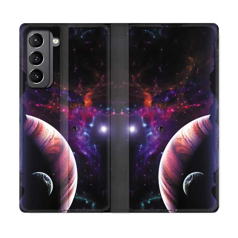 Housse Cuir Portefeuille Pour Samsung Galaxy S21 Planete Rouge