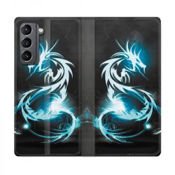 Housse Cuir Portefeuille Pour Samsung Galaxy S21 Dragon Bleu