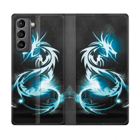 Housse Cuir Portefeuille Pour Samsung Galaxy S21 Dragon Bleu