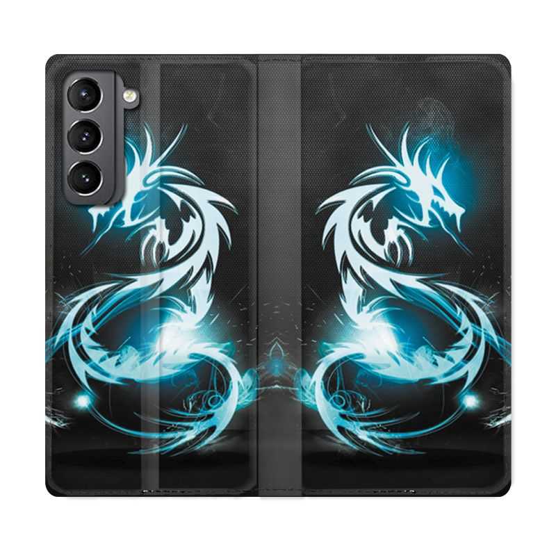 Housse Cuir Portefeuille Pour Samsung Galaxy S21 Dragon Bleu