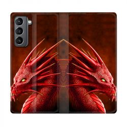 Housse Cuir Portefeuille Pour Samsung Galaxy S21 Dragon Rouge