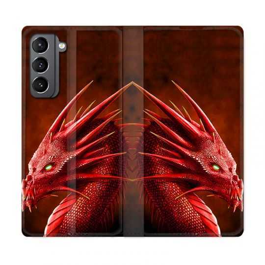 Housse Cuir Portefeuille Pour Samsung Galaxy S21 Dragon Rouge