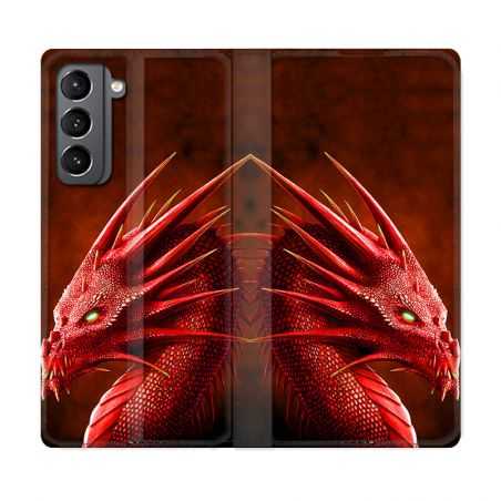 Housse Cuir Portefeuille Pour Samsung Galaxy S21 Dragon Rouge