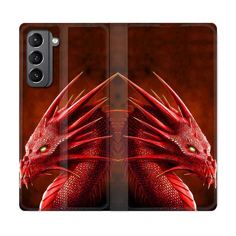 Housse Cuir Portefeuille Pour Samsung Galaxy S21 Dragon Rouge