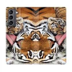 Housse Cuir Portefeuille Pour Samsung Galaxy S21 Bebe Tigre