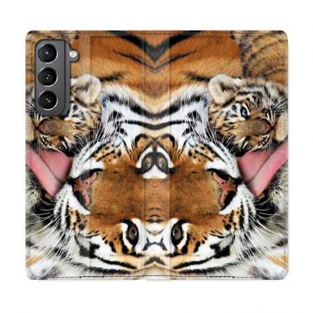 Housse Cuir Portefeuille Pour Samsung Galaxy S21 Bebe Tigre