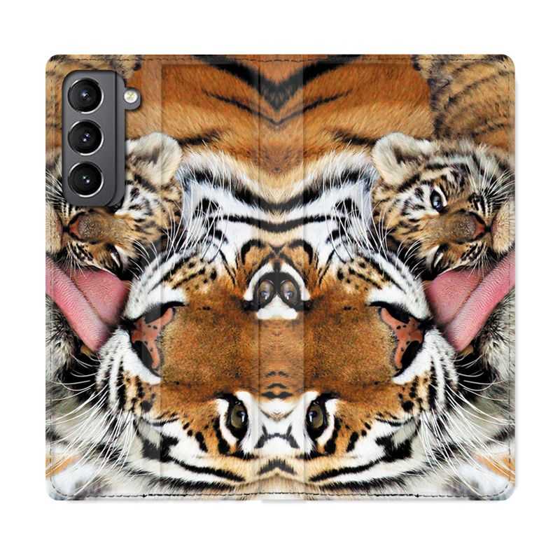 Housse Cuir Portefeuille Pour Samsung Galaxy S21 Bebe Tigre