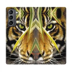Housse Cuir Portefeuille Pour Samsung Galaxy S21 Oeil Tigre