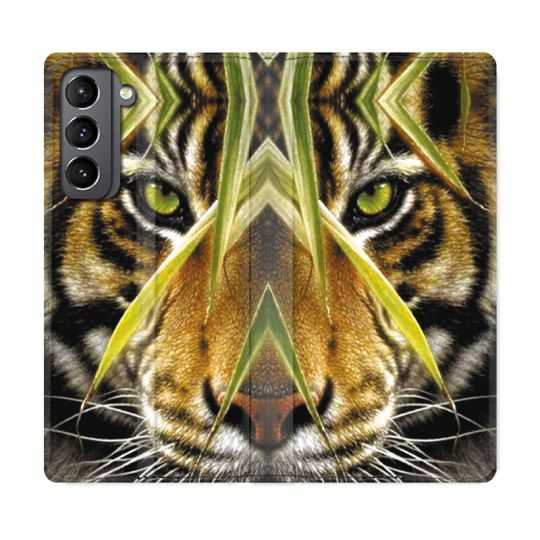 Housse Cuir Portefeuille Pour Samsung Galaxy S21 Oeil Tigre