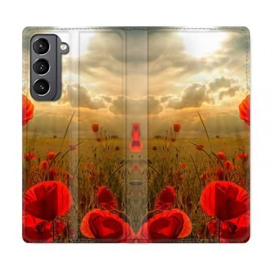 Housse Cuir Portefeuille Pour Samsung Galaxy S21 Fleur Coquelicot