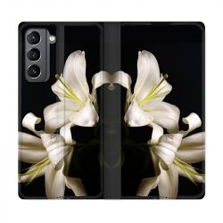 Housse Cuir Portefeuille Pour Samsung Galaxy S21 Fleur Lys Noir