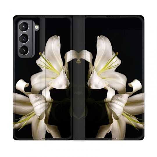 Housse Cuir Portefeuille Pour Samsung Galaxy S21 Fleur Lys Noir