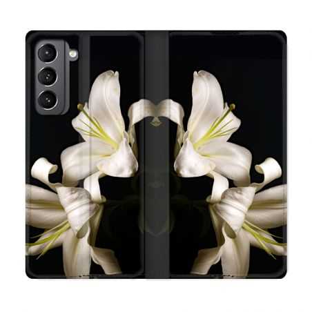 Housse Cuir Portefeuille Pour Samsung Galaxy S21 Fleur Lys Noir