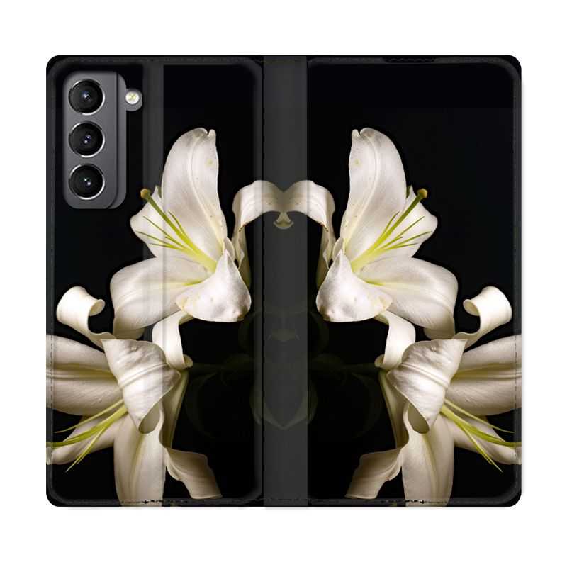 Housse Cuir Portefeuille Pour Samsung Galaxy S21 Fleur Lys Noir