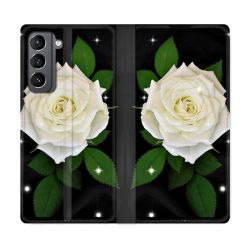 Housse Cuir Portefeuille Pour Samsung Galaxy S21 Fleur Rose Blanche