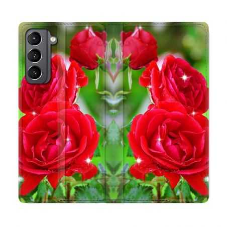 Housse Cuir Portefeuille Pour Samsung Galaxy S21 Fleur Rose Rouge
