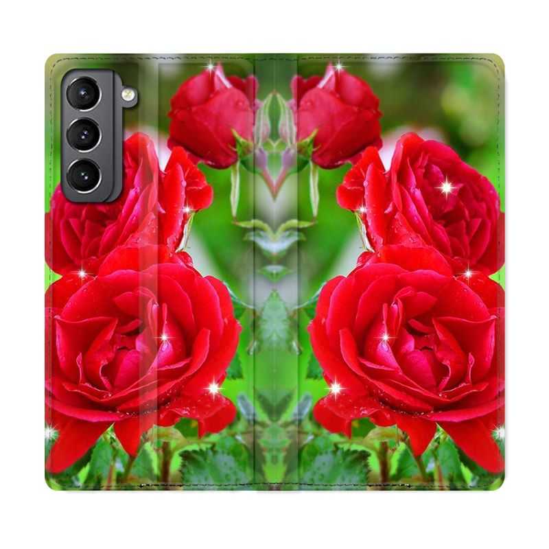 Housse Cuir Portefeuille Pour Samsung Galaxy S21 Fleur Rose Rouge