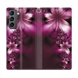 Housse Cuir Portefeuille Pour Samsung Galaxy S21 Fleur Violette Montante