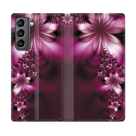 Housse Cuir Portefeuille Pour Samsung Galaxy S21 Fleur Violette Montante